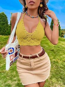 SHEIN WYWH 後背繫帶吊脖針織上衣 - 黃色 - 查看 4