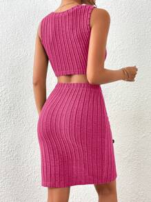 SHEIN Essnce 素色短款背心&開衩短裙 - 玫紅色 - 查看 2