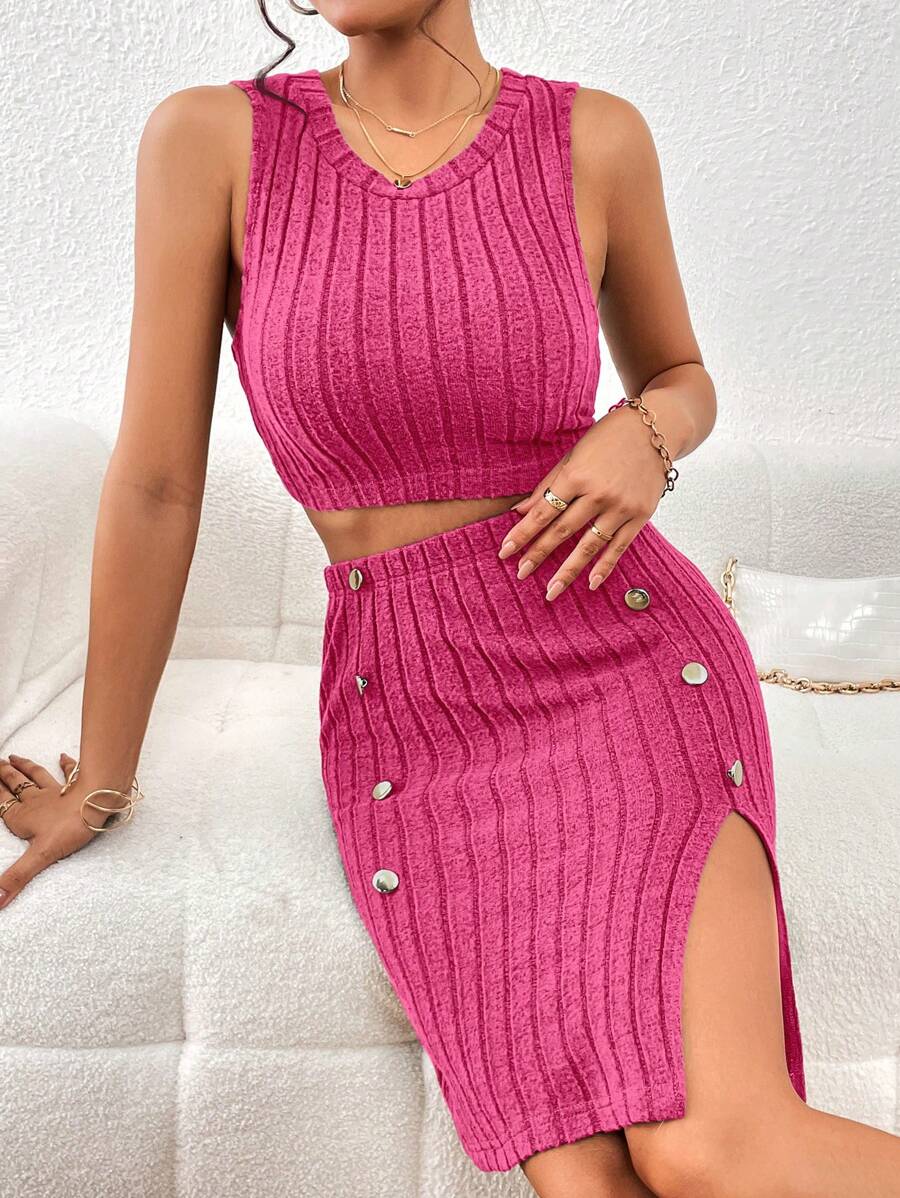 SHEIN Essnce 素色短款背心&開衩短裙 - 玫紅色 - 查看 1