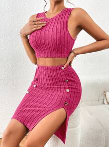 SHEIN Essnce 素色短款背心&開衩短裙 - 玫紅色 - 查看 4