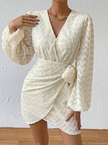 SHEIN VCAY Dệt hoa Tay áo lồng đèn Nút ven Váy Wrap Hem - Màu be - Xem 1