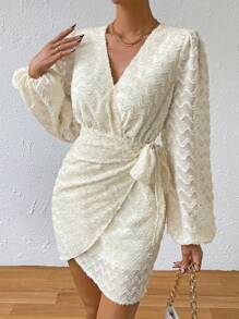 SHEIN VCAY Dệt hoa Tay áo lồng đèn Nút ven Váy Wrap Hem - Màu be - Xem 3