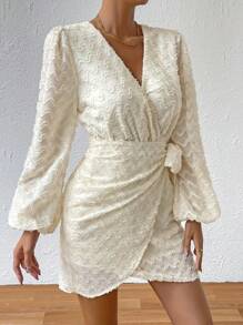 SHEIN VCAY Dệt hoa Tay áo lồng đèn Nút ven Váy Wrap Hem - Màu be - Xem 5