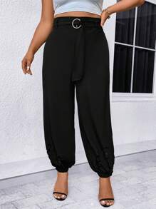SHEIN Clasi 大碼鏤空腰帶長褲 - 黑色 - 查看 4