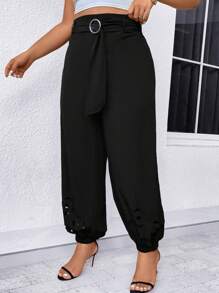 SHEIN Clasi 大碼鏤空腰帶長褲 - 黑色 - 查看 5