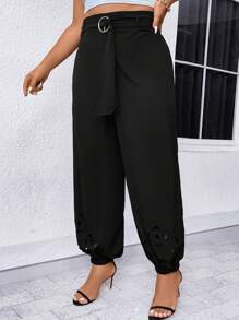 SHEIN Clasi 大碼鏤空腰帶長褲 - 黑色 - 查看 6