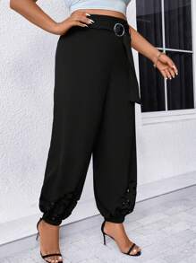 SHEIN Clasi 大碼鏤空腰帶長褲 - 黑色 - 查看 7