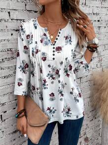 EMERY ROSE Floral Print Notched Neck Tee - White - View 1