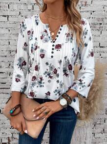 EMERY ROSE Floral Print Notched Neck Tee - White - View 3