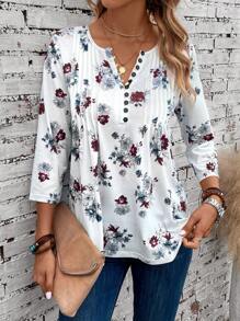EMERY ROSE Floral Print Notched Neck Tee - White - View 5