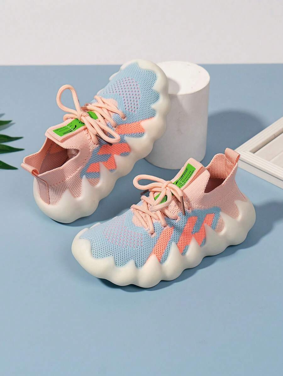 男孩撞色前綁帶跑步鞋適用於戶外 - 粉色 - 查看 1