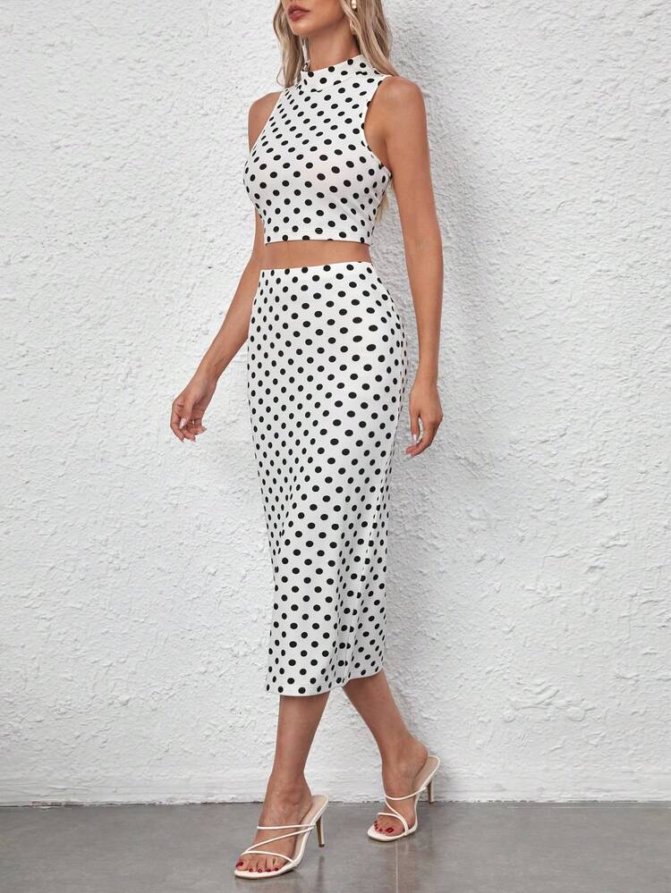 SHEIN Privé Polka Dot Print Mock Neck Tank Top & Pencil Skirt - Black and White - View 3