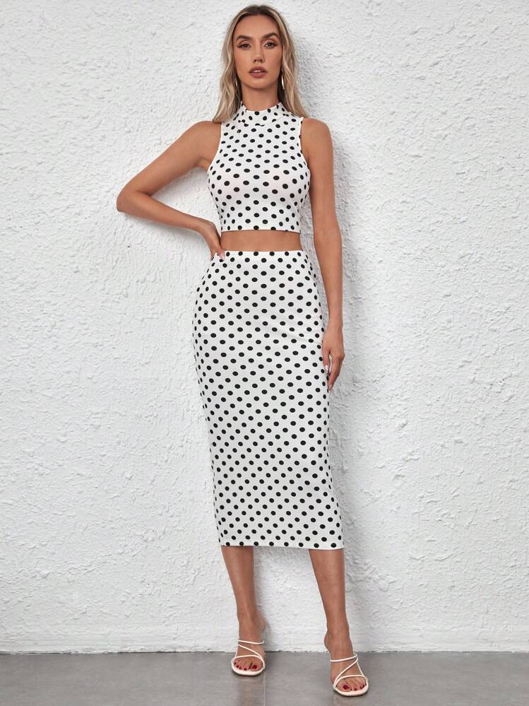 SHEIN Privé Polka Dot Print Mock Neck Tank Top & Pencil Skirt - Black and White - View 5