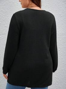 SHEIN Essnce Plus 1pc Dual Pocket Waffle Knit Drop Shoulder Open Front Coat - Black - View 2