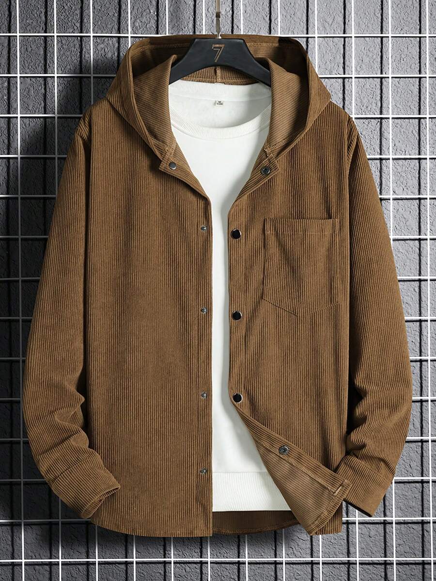Manfinity Homme Men 1pc Solid Hooded Corduroy Shacket - Coffee Brown - View 1