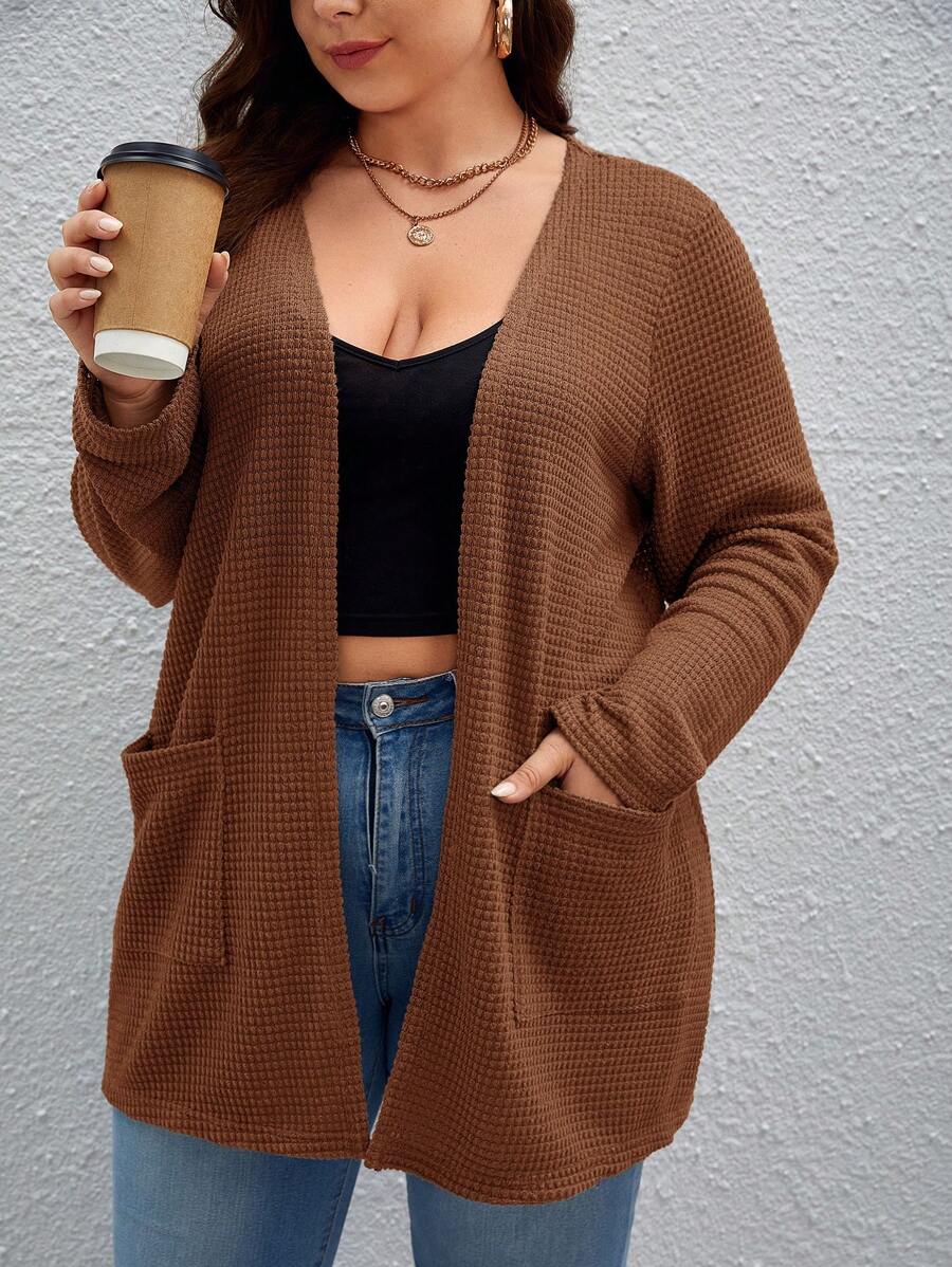 SHEIN Essnce Plus 1pc Dual Pocket Waffle Knit Drop Shoulder Open Front Coat Winter Fall Autumn - Coffee Brown - View 1