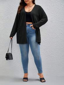 SHEIN Essnce Plus 1pc Dual Pocket Waffle Knit Drop Shoulder Open Front Coat - Black - View 6