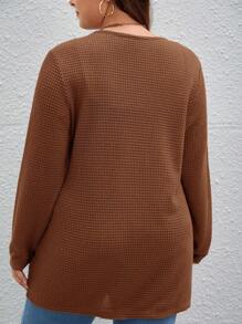 SHEIN Essnce Plus 1pc Dual Pocket Waffle Knit Drop Shoulder Open Front Coat Winter Fall Autumn - Coffee Brown - View 2