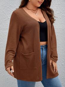 SHEIN Essnce Plus 1pc Dual Pocket Waffle Knit Drop Shoulder Open Front Coat Winter Fall Autumn - Coffee Brown - View 3