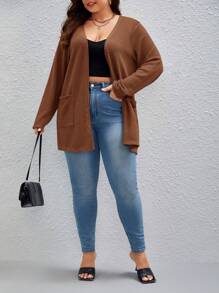 SHEIN Essnce Plus 1pc Dual Pocket Waffle Knit Drop Shoulder Open Front Coat Winter Fall Autumn - Coffee Brown - View 5