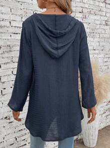 EMERY ROSE 素色抽繩連帽紐扣細節襯衫 - 藏蓝色 - 查看 2