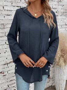 EMERY ROSE 素色抽繩連帽紐扣細節襯衫 - 藏蓝色 - 查看 4