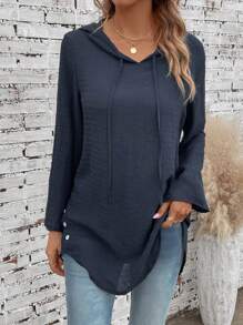 EMERY ROSE 素色抽繩連帽紐扣細節襯衫 - 藏蓝色 - 查看 5