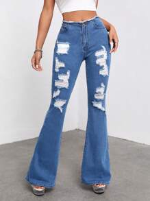 SHEIN ICON 破洞抽鬚毛邊牛仔喇叭褲 - 中等水洗藍 - 查看 5