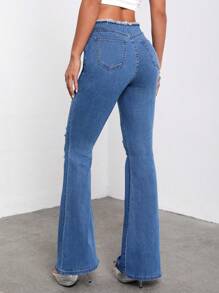 SHEIN ICON 破洞抽鬚毛邊牛仔喇叭褲 - 中等水洗藍 - 查看 3