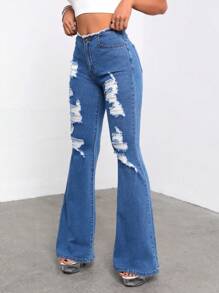 SHEIN ICON 破洞抽鬚毛邊牛仔喇叭褲 - 中等水洗藍 - 查看 6