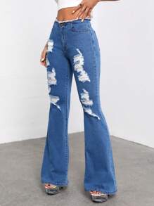 SHEIN ICON 破洞抽鬚毛邊牛仔喇叭褲 - 中等水洗藍 - 查看 2