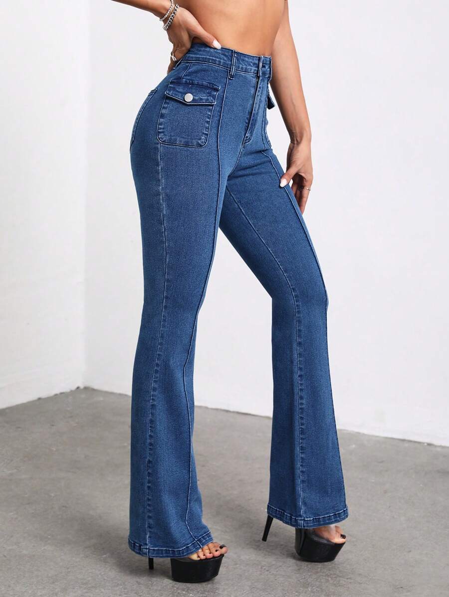 SHEIN ICON Flap Pocket Flare Leg Jeans