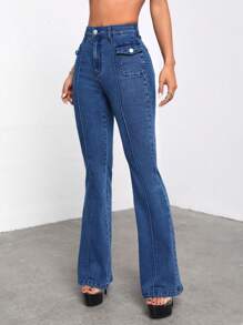 SHEIN ICON Flap Pocket Flare Leg Jeans