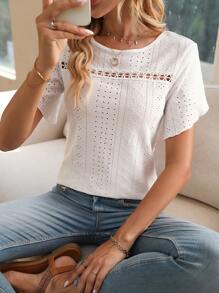 SHEIN LUNE Lỗ gắn thêu Guipure Ren tương phản Áo thun - trắng - Xem 1