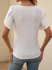 SHEIN LUNE Lỗ gắn thêu Guipure Ren tương phản Áo thun - trắng - Xem 2