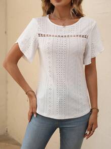 SHEIN LUNE Lỗ gắn thêu Guipure Ren tương phản Áo thun - trắng - Xem 5