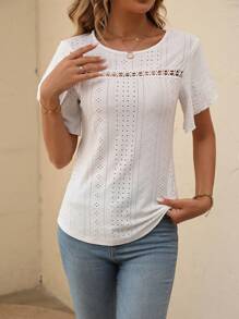 SHEIN LUNE Lỗ gắn thêu Guipure Ren tương phản Áo thun - trắng - Xem 6