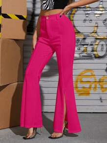 SHEIN Privé Split Hem Flare Leg Pants - Hot Pink - View 3