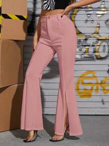 SHEIN Privé 下擺開叉喇叭褲 - 粉色 - 查看 3