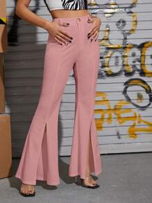 SHEIN Privé 下擺開叉喇叭褲 - 粉色 - 查看 1