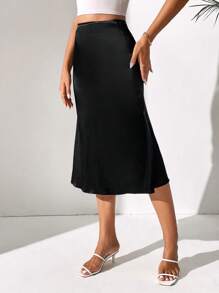 SHEIN Tall Cao eo Xa ten Váy - màu đen - Xem 1