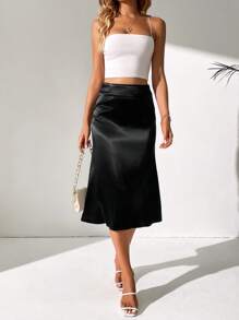 SHEIN Tall Cao eo Xa ten Váy - màu đen - Xem 5