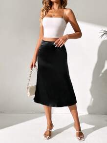 SHEIN Tall Cao eo Xa ten Váy - màu đen - Xem 6