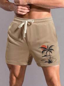 Manfinity RSRT Nam In cây dừa Eo dây rút Quần short - Màu Khaki - Xem 1