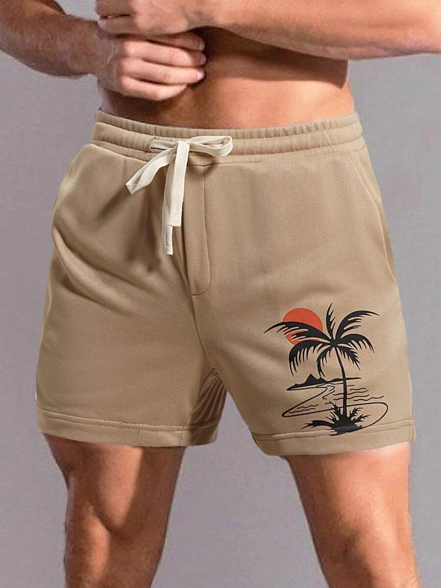 Manfinity RSRT Nam In cây dừa Eo dây rút Quần short - Màu Khaki - Xem 1