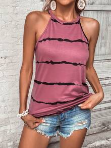 SHEIN LUNE Striped Print Halter Top - Redwood - View 4