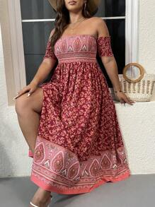SHEIN Holidaya Plus Floral Print Off Shoulder Split Thigh Dress - Red - View 1