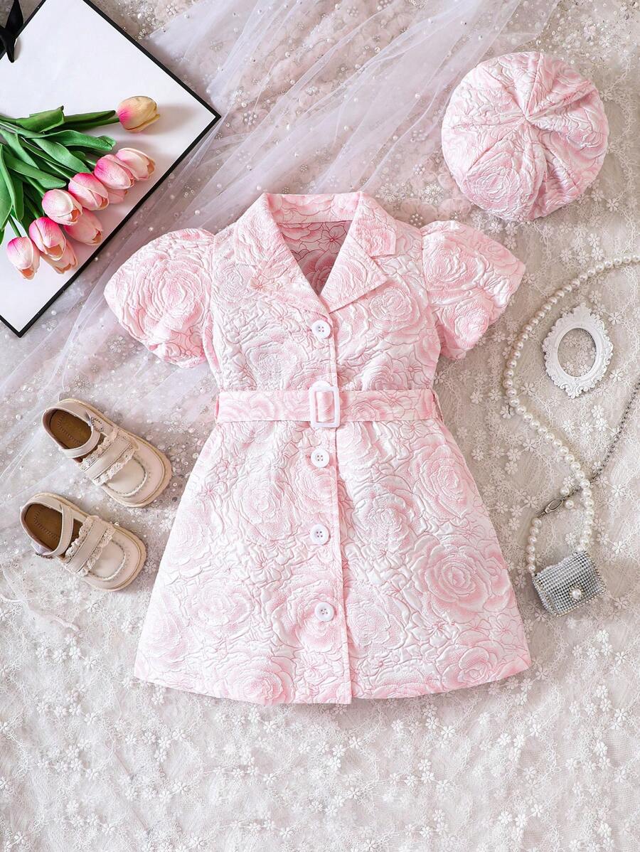 小女童花卉圖案提花泡泡袖襯衫連衣裙&帽