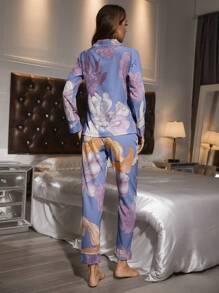 Floral Print Contrast Piping Patched Pocket PJ Set / Pajama Set, Fall Winter Clothes - Multicolor - View 2