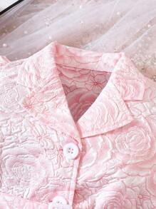 小女童花卉圖案提花泡泡袖襯衫連衣裙&帽